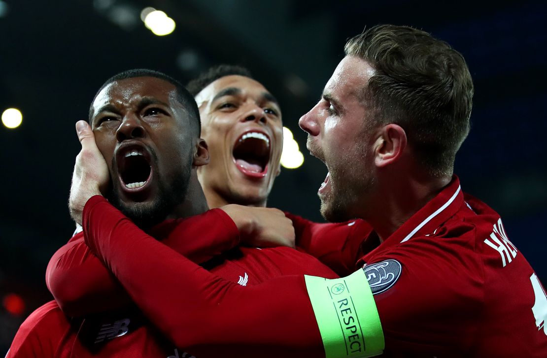 Wijnaldum celebrates after scoring Liverpool's third goal. 