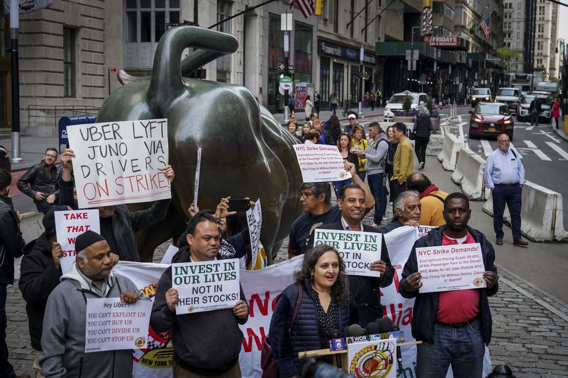 A group of independent drivers and supporters protest against Uber near Wall Street.