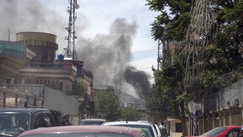 Smokes rises after a huge explosion at the offices of global development charity Counterpart International in Kabul, Afghanistan, on May 8, 2019.