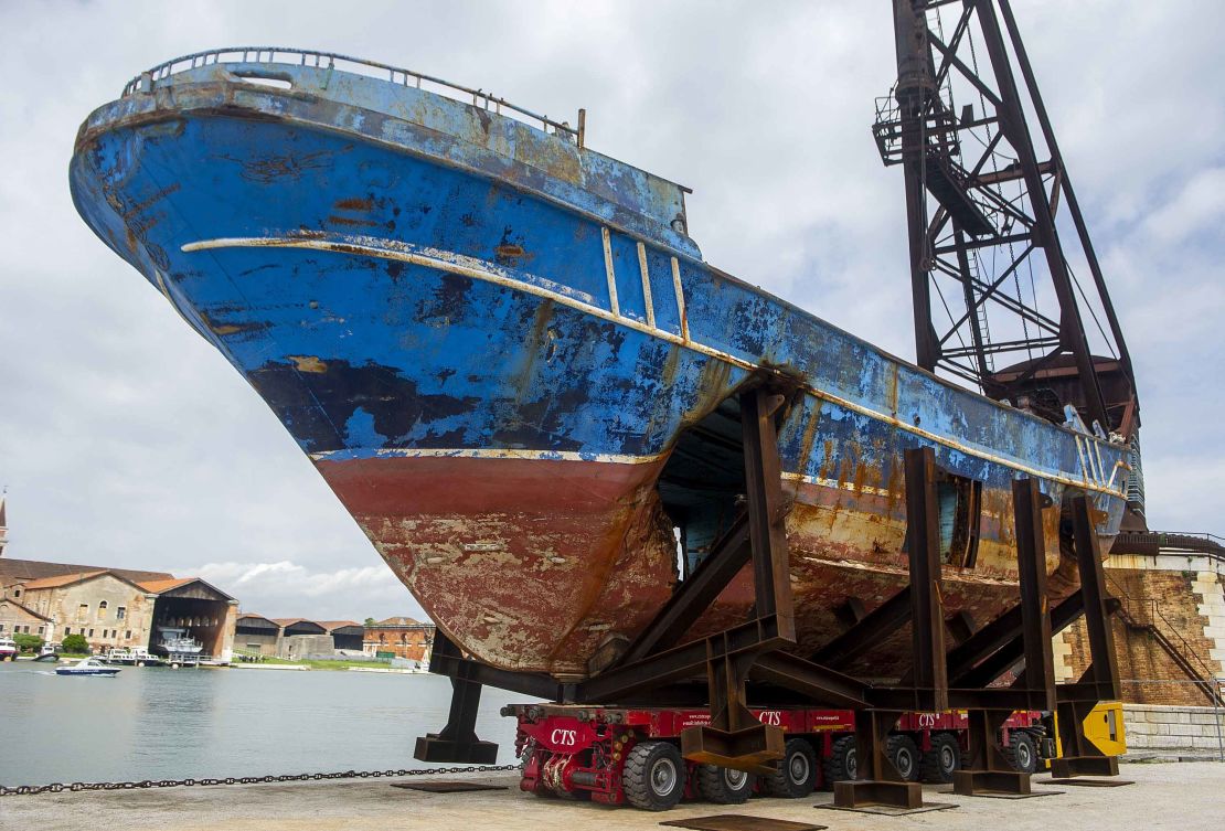 Christoph Büchel's migrant boat goes on display at the Arsenale during the 58th International Art Biennale.