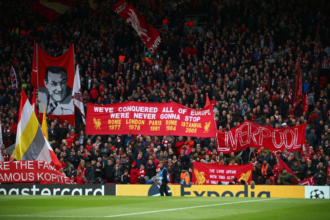 Liverpool fans at Anfield during Champions League semifinal against Barcelona.