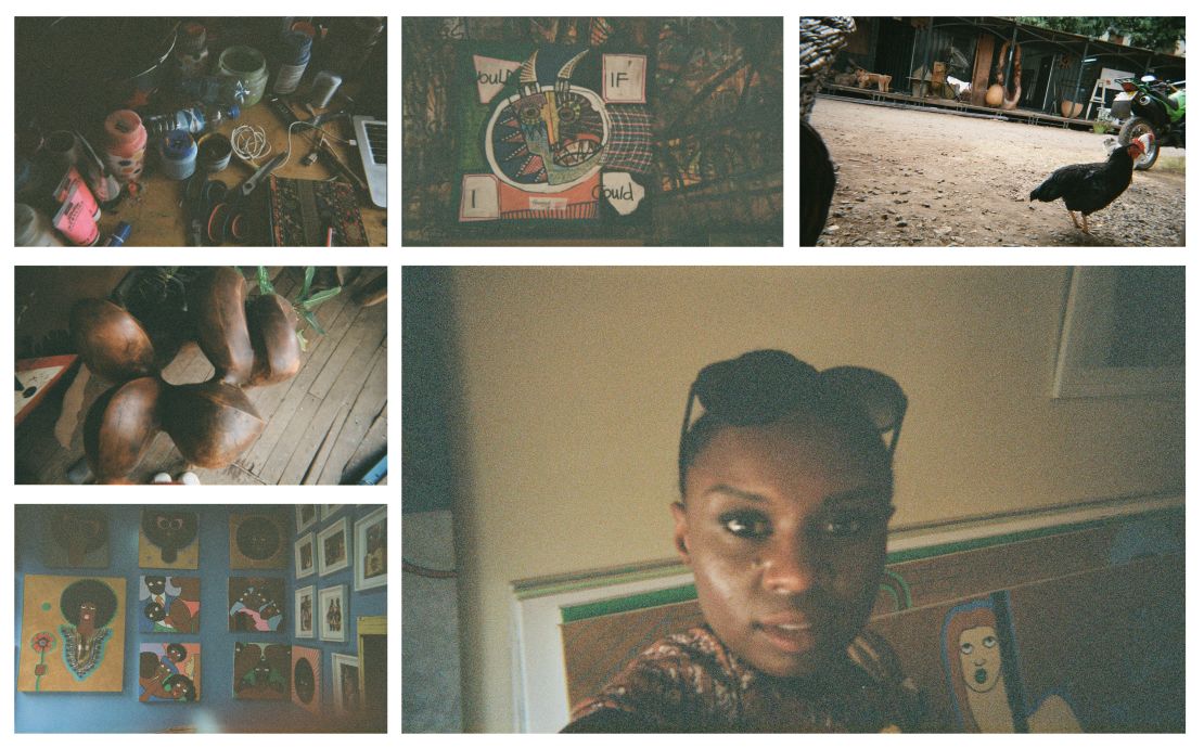 Kahiu shot photos using a disposable camera of a trip to Kuona Artists collective in Nairobi. On the right, is Kahiu's self-portrait. Pictured on the bottom left, are artist Michael Soi's works. 