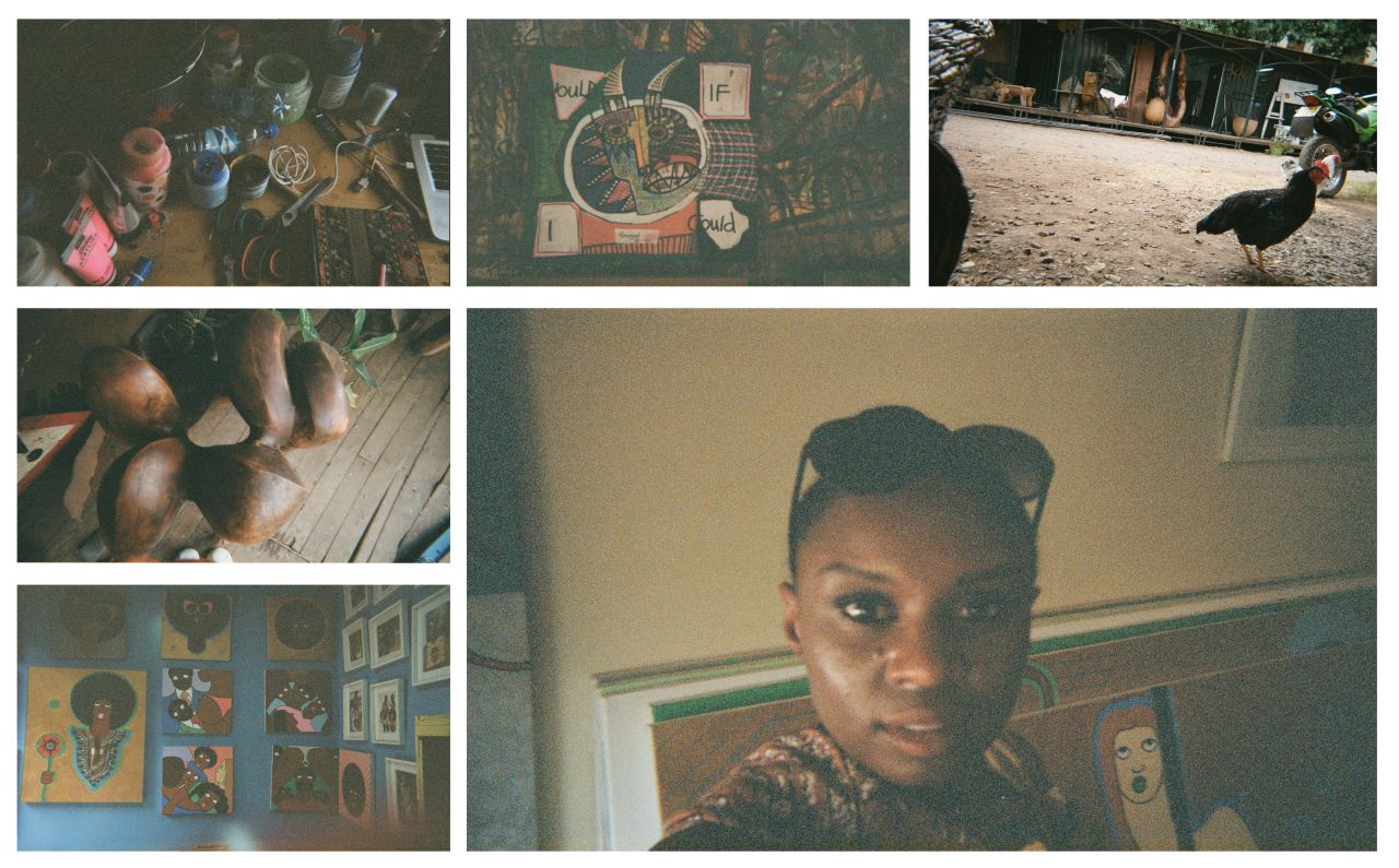 Kahiu shot photos using a disposable camera of a trip to Kuona Artists collective in Nairobi. On the right, is Kahiu's self-portrait. Pictured on the bottom left, are artist Michael Soi's works.