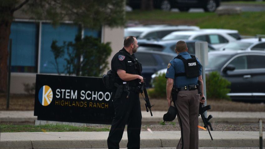 HIGHLANDS RANCH, COLORADO - MAY 07: Officers stand watch at the scene of a shooting in which at least seven students were injured at the STEM School Highlands Ranch on May 7, 2019 in Highlands Ranch, Colorado. (Photo by Tom Cooper/Getty Images)