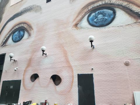 The mural is designed to raise awareness of child slavery. Inside the boy's two pupils are images of children rescued from child labor camps. 