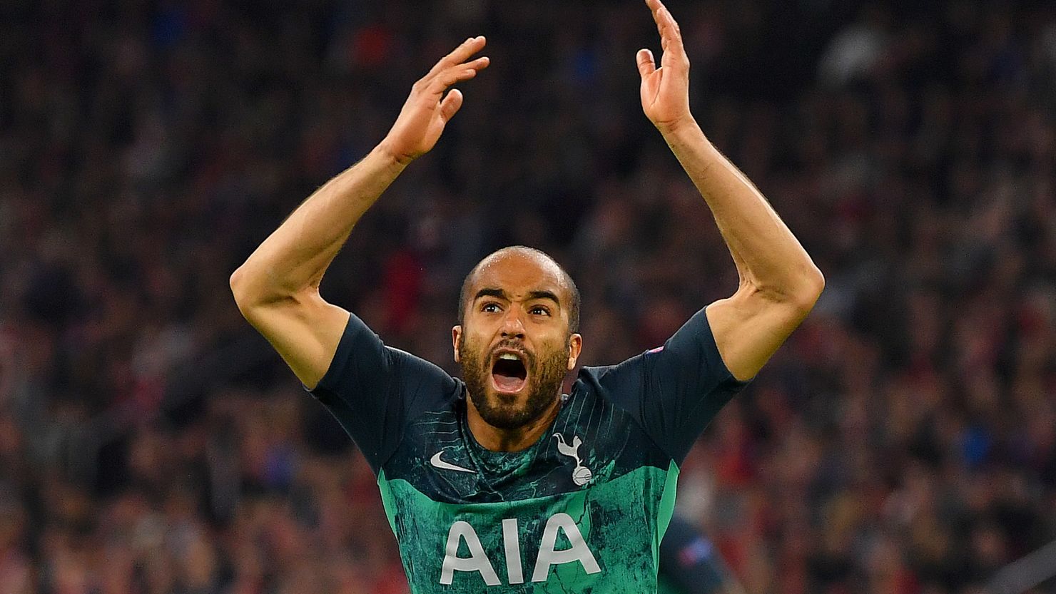 Spurs' Lucas Moura celebrates after scoring his team's second goal during the UEFA Champions League semifinal second leg in Amsterdam, Netherlands. 
