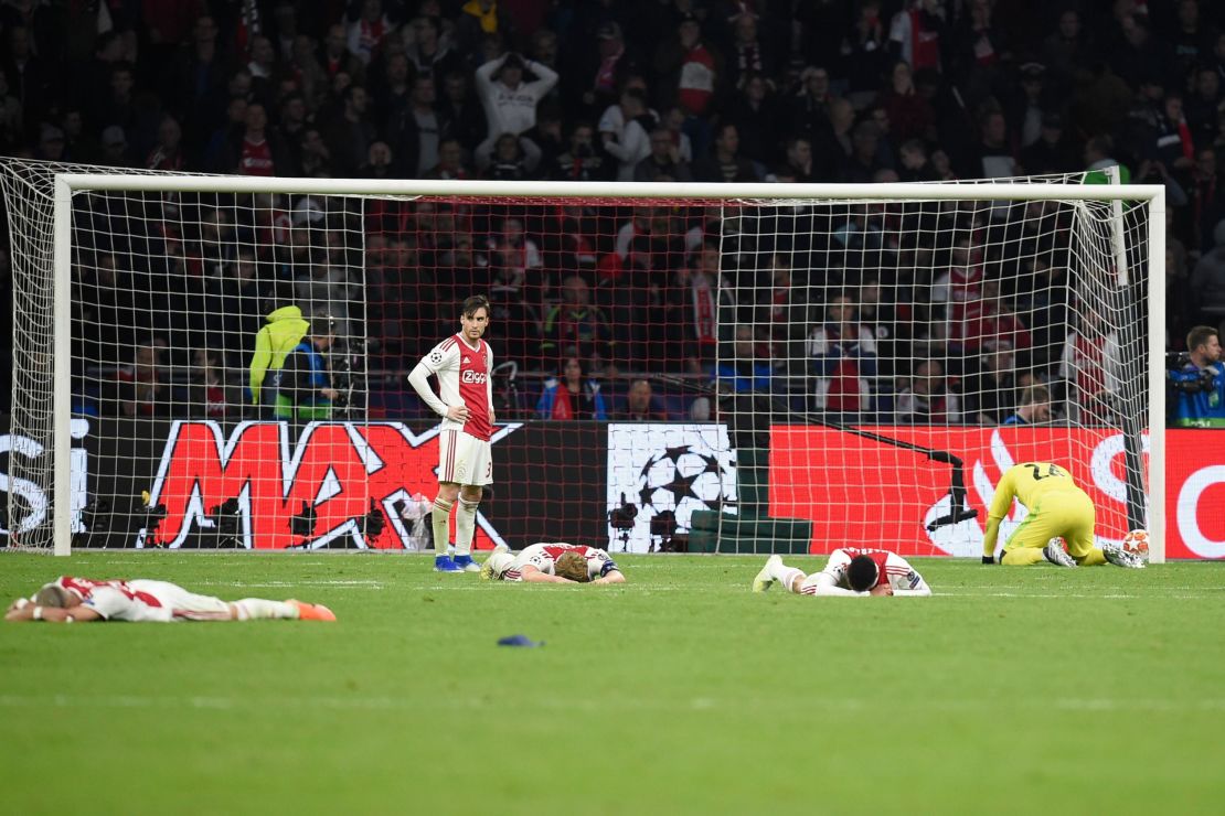 Ajax players dejected after losing their UEFA Champions League semi-final against Tottenham on May 8, 2019.