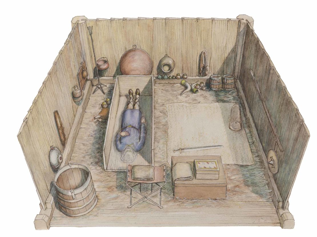 A reconstruction drawing of the Prittlewell princely burial chamber.
