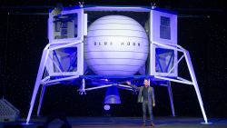 Amazon CEO Jeff Bezos announces Blue Moon, a lunar landing vehicle for the Moon, during a Blue Origin event in Washington, DC, May 9, 2019. (Photo by SAUL LOEB / AFP)        (Photo credit should read SAUL LOEB/AFP/Getty Images)