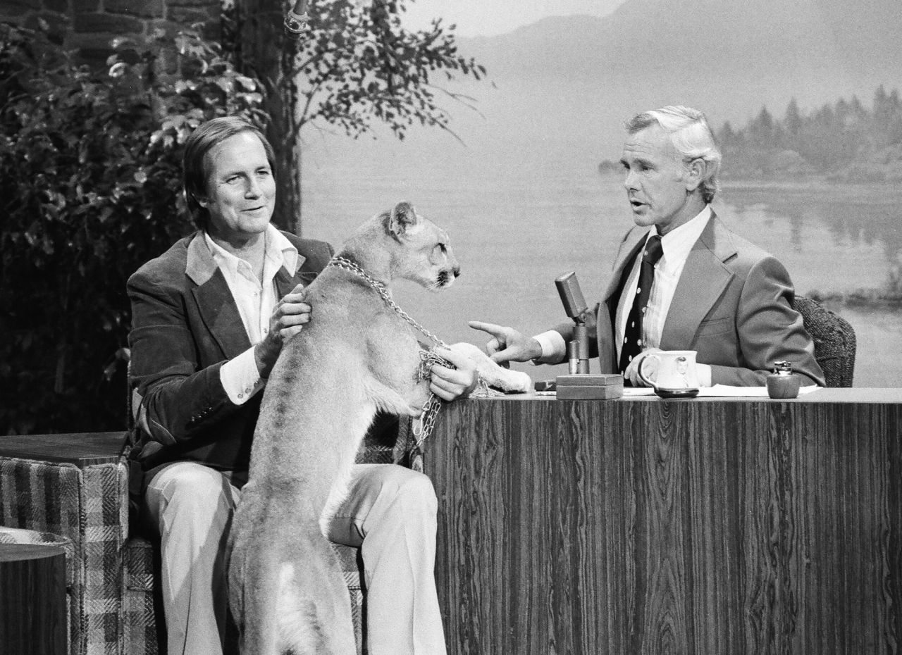 Former "Wild Kingdom" host <a href="http://www.cnn.com/2019/05/09/us/jim-fowler-wild-kingdom-obit-trnd/index.html" target="_blank">Jim Fowler</a>, who brought his love of animals into the living rooms of a generation of Americans, died May 8 at the age of 89. Fowler, seen here at left, was a frequent guest of talk-show host Johnny Carson.