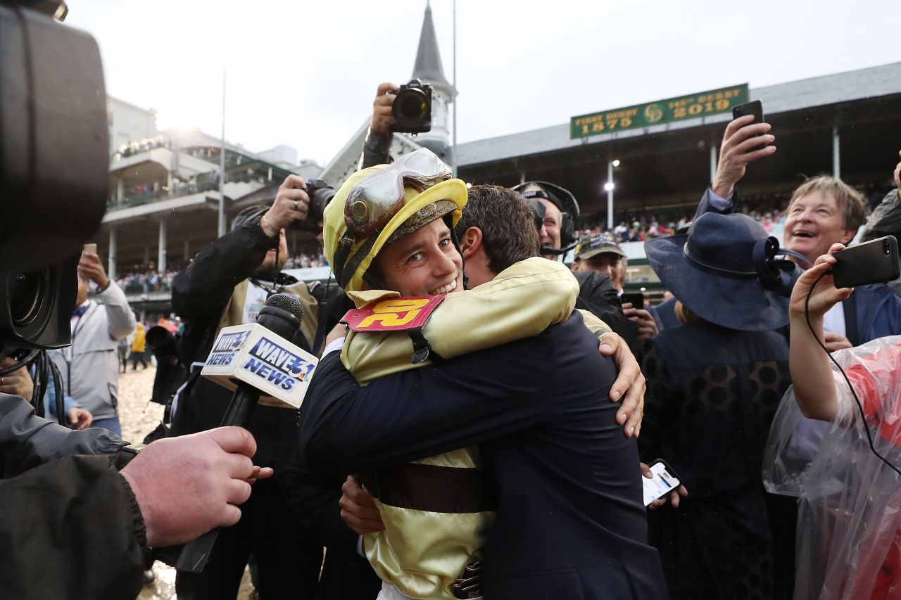 Jockey Flavien Prat celebrates after riding Country House to a Kentucky Derby win on Saturday, May 4. <a href="http://www.cnn.com/2019/05/04/sport/gallery/kentucky-derby-2019/index.html" target="_blank">The longshot was declared the winner</a> after Maximum Security was disqualified for interference.