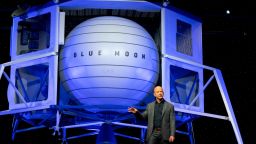 Today in Washington, D.C., Jeff Bezos unveiled a Blue Origin prototype of a lunar lander named Blue Moon and vowed to send humans into space by the end of the year on one of the Blue Origin rockets.  Photographer: Melissa Lyttle/CNN