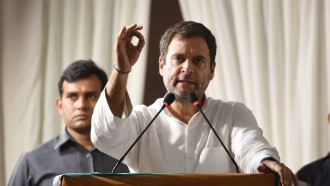 Indian Congress Party President Rahul Gandhi speaks during a rally ahead of Phase 5 of India's general election in New Delhi on May 9, 2019.