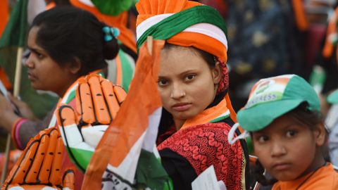 Indian supporters of Congress Party attend a rally addressed by Congress Party President Rahul Gandhi in New Delhi.