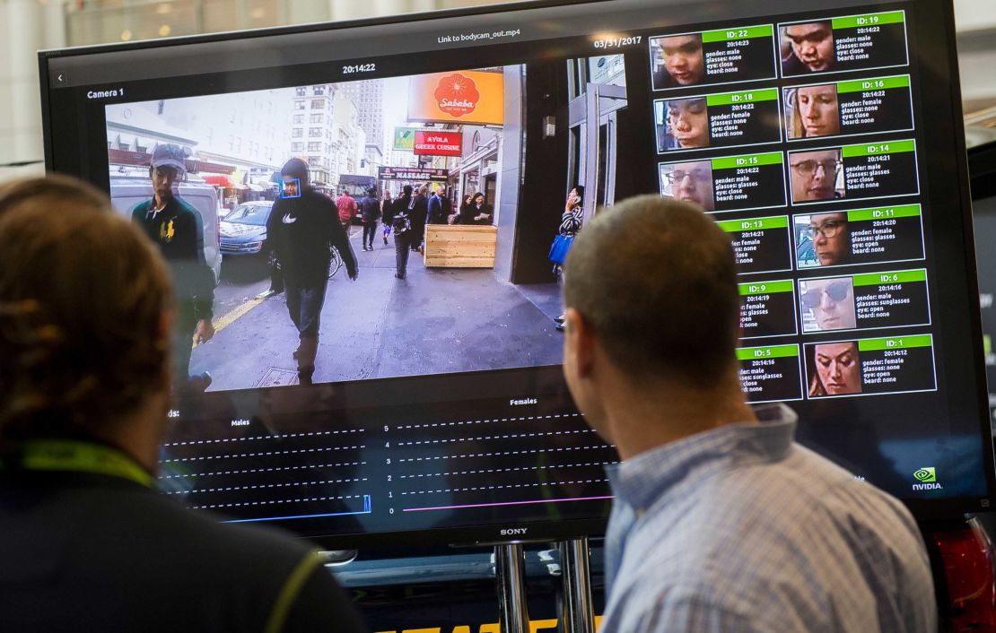 A display shows a facial recognition system for law enforcement during the NVIDIA GPU Technology Conference  in Washington, DC, on November 1, 2017. 
