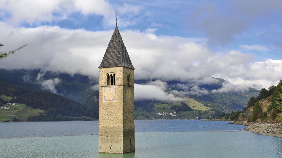 This church steeple peaks out of Reschensee lake in South Tyrol, Italy.