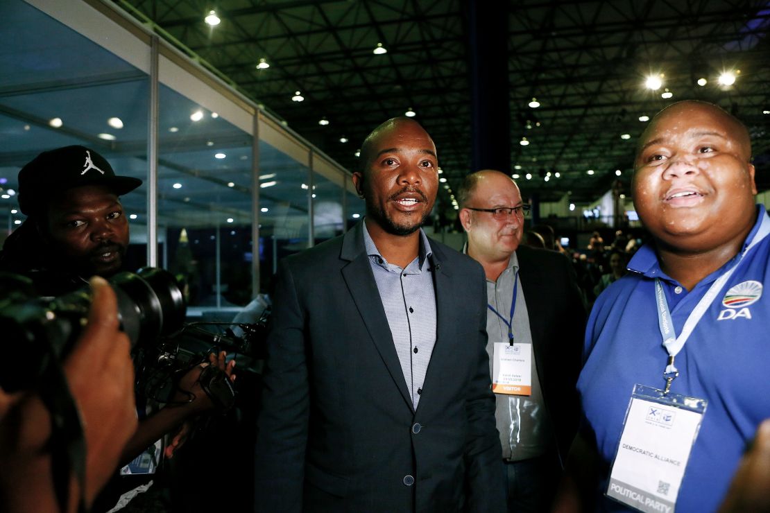 South African main opposition party Democratic Alliance (DA) leader Mmusi Maimane arrives at the Independent Electoral Commission (IEC) Results Operations Centre in Pretoria, South Africa.