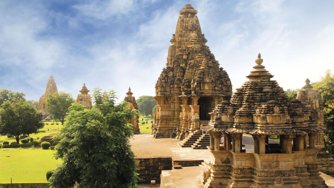 <strong>Kandariya Mahadeva Temple, Khajuraho, Madhya Pradesh, India</strong>: This Indian temple is situated on a six-meter terrace and is known for its beautiful clustered spires. The architecture replicates a Himalayan peak where Hindus believed the gods lived.