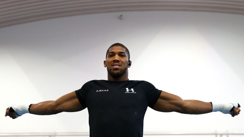 SHEFFIELD, ENGLAND - MAY 01: Anthony Joshua stretches during a training session during the Anthony Joshua Media Day at the English Institute of Sport on May 01, 2019 in Sheffield, England. (Photo by Alex Livesey/Getty Images)