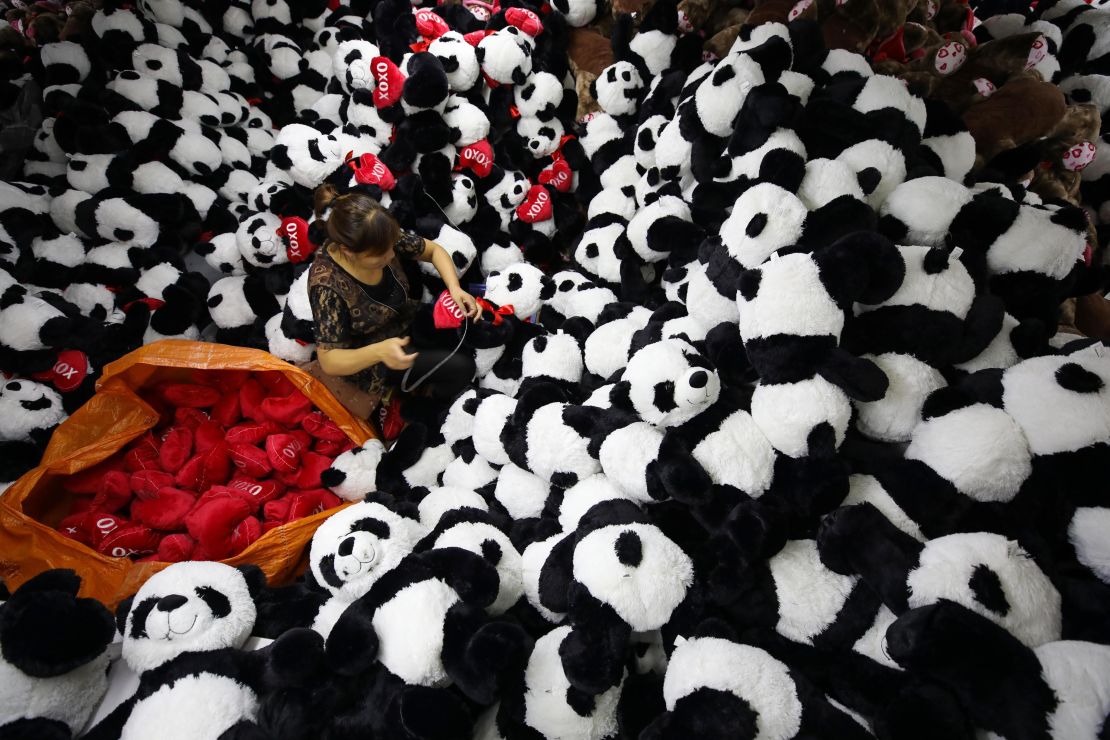 An employee making stuffed panda toys at a factory in Jiangsu, China in 2017. About three-quarters of the toys sold in the United States are made in China.