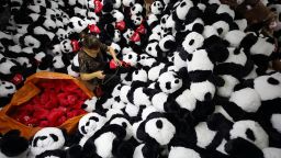 This photo taken on October 9, 2017 shows a Chinese employee making stuffed panda toys as they are prepared to export for the upcoming Christmas festive season, at a toy factory in Lianyungang in China's eastern Jiangsu province. / AFP PHOTO / STR / China OUT        (Photo credit should read STR/AFP/Getty Images)