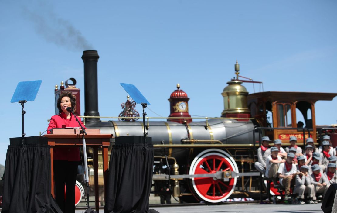 Secretary of Transportation Elaine Chao champions railroad workers at the 150th anniversary of the Golden Spike Ceremony on May 10.