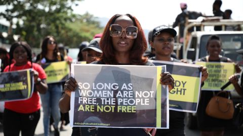 Women march during a protest in Abuja on May 10 to challenge the raids on women by Federal Capital Territory and Nigerian Police.