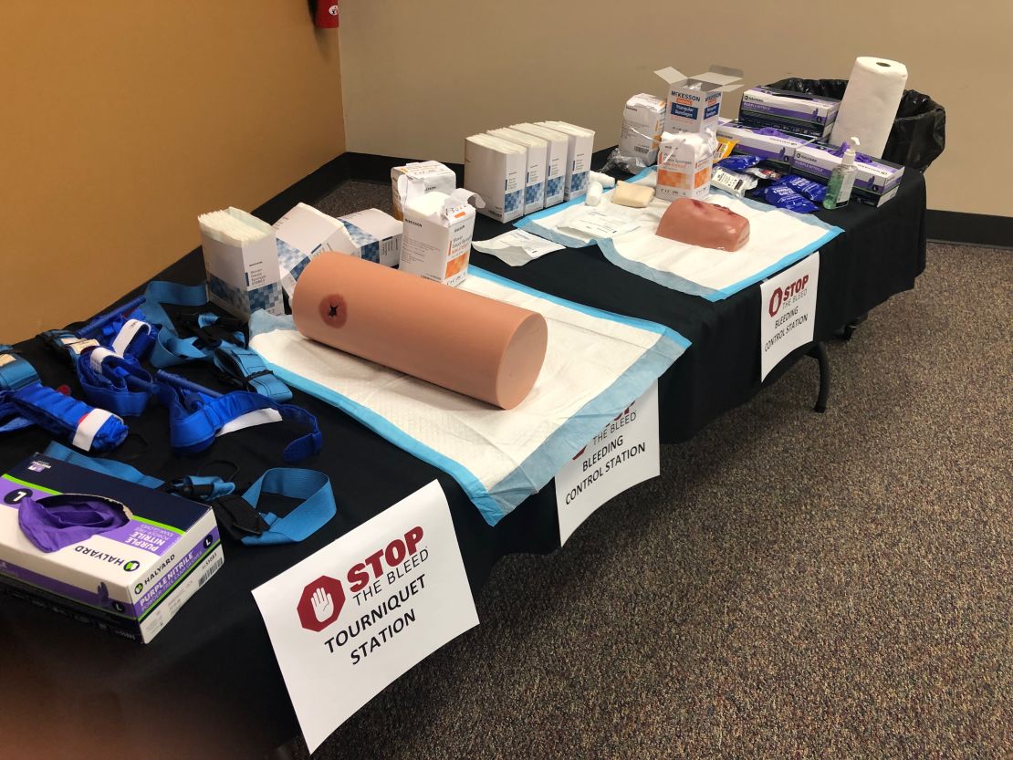 Materials for the hands-on portion of the Stop the Bleed class are seen on a table in the Chamblee Civic Center.