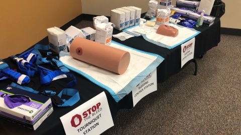 Materials for the hands-on portion of the Stop the Bleed class are seen on a table in the Chamblee Civic Center.