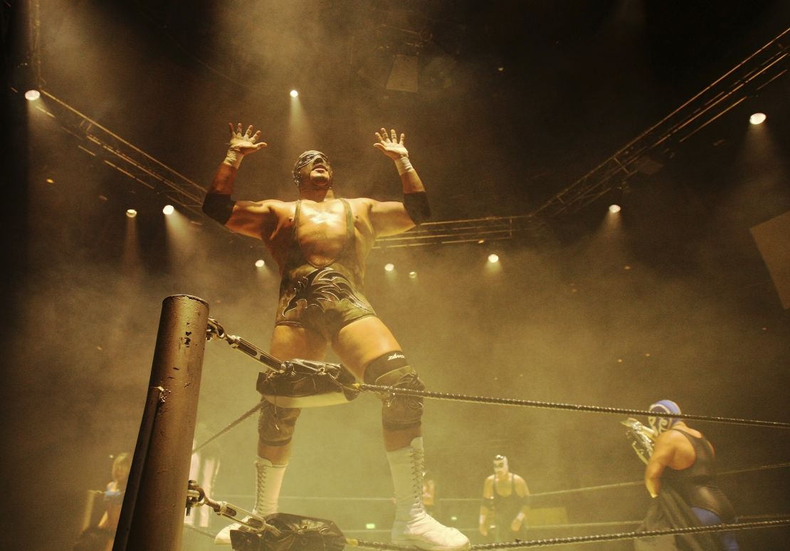 Silver King celebrates after a win at the Roundhouse in London in 2008.