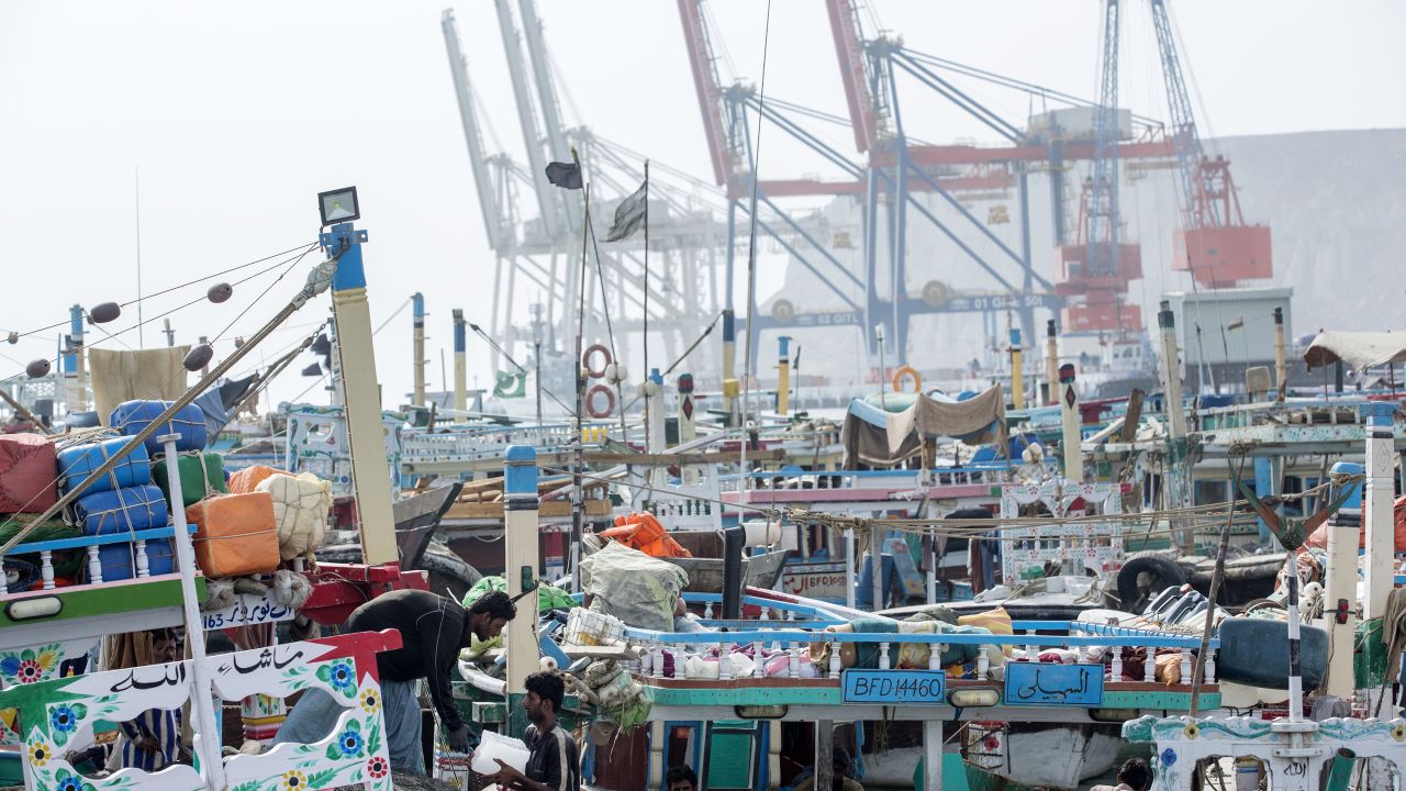 Fishing boats moored at Gwadar Port in Pakistan.