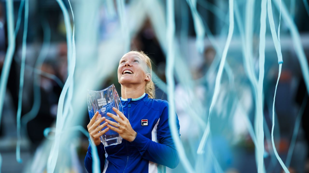 Kiki Bertens celebrates after winning the Madrid Open tennis final against Simona Halep of Romania on May 11 in Madrid.