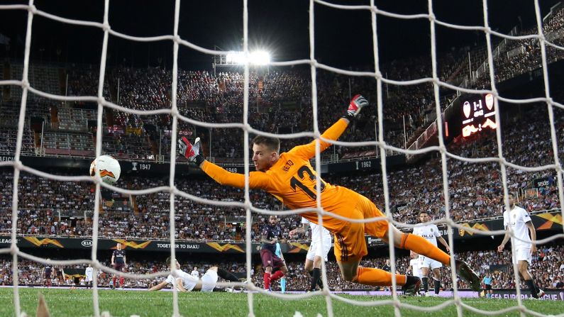 Arsenal's Alexandre Lacazette scores their second goal against Valencia on May 9 in Valencia, Spain.