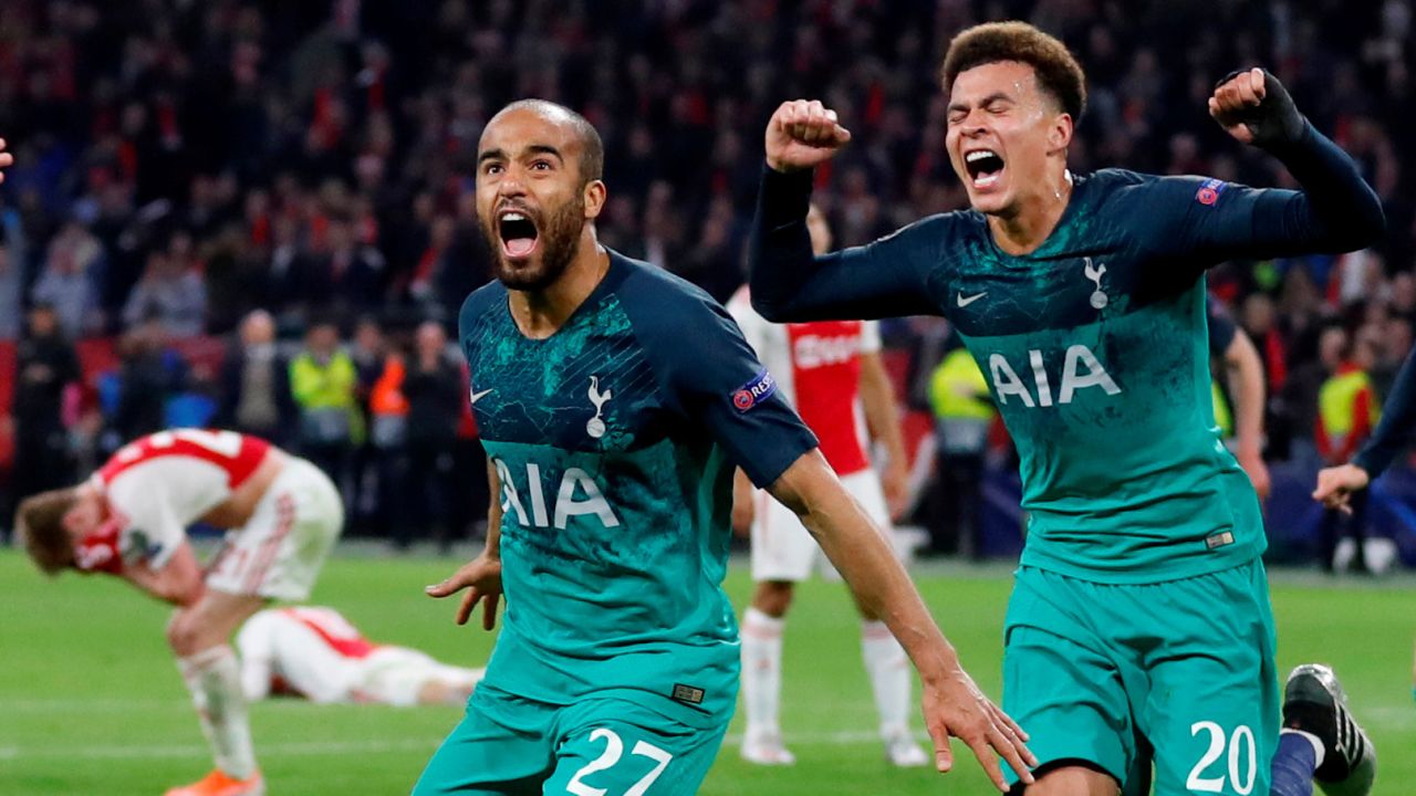 Tottenham's Lucas Moura and Dele Alli celebrate scoring their third goal against Amsterdam on May 8.
