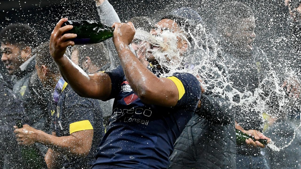 ASM Clermont player Fritz Lee celebrates with champagne after  the Challenge Cup Final match between La Rochelle and ASM Clermont at St. James Park on May 10, 2019, in Newcastle upon Tyne, United Kingdom.