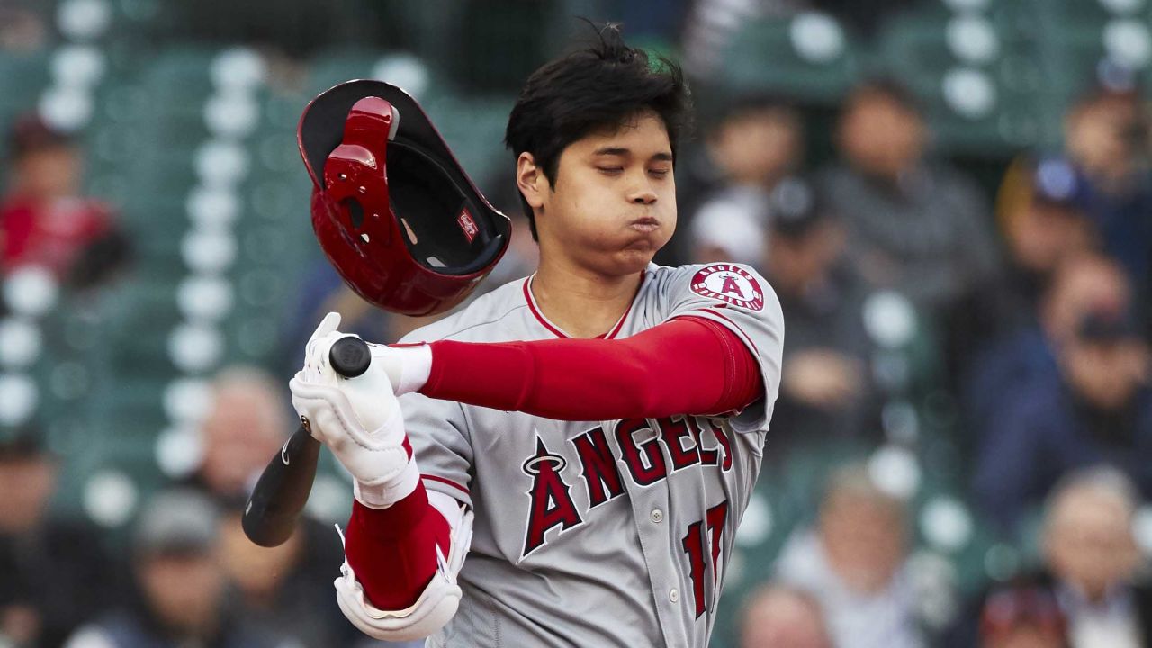 Los Angeles Angels designated hitter Shohei Ohtani (17) loses his helmet swinging at a pitch in the first inning against the Detroit Tigers at Comerica Park on May 7. 
