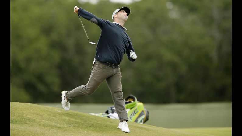 Matt Every of the United States throws his club after playing his second shot out of the bunker on the 14th hole during the second round of the AT&T Byron Nelson at Trinity Forest Golf Club on May 10, 2019 in Dallas, Texas.