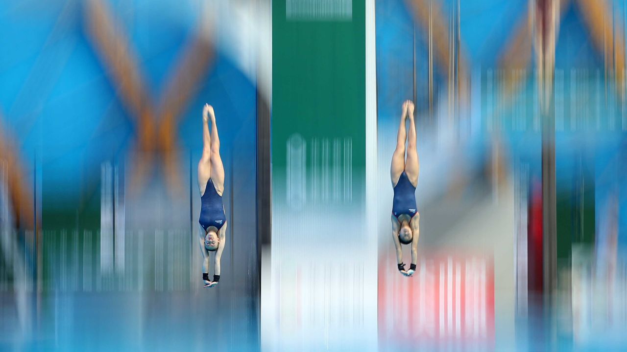 Divers during a training session in the women's 3m springboard synchro event at the 4th meet of FINA/CNSG Diving World Series 2019 at Kazan's Aquatics Palace on May 10.