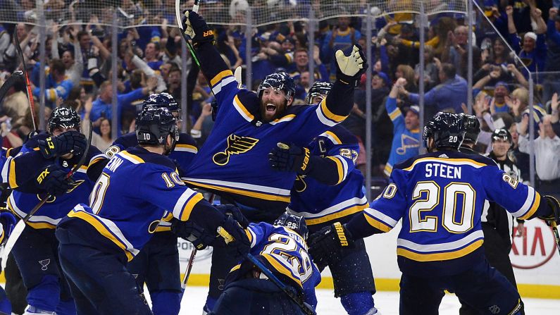 St. Louis Blues left wing Pat Maroon (7) is congratulated by teammates after scoring the game winning goal in double overtime in game seven of the second round of the 2019 Stanley Cup Playoffs against the Dallas Stars at Enterprise Center in St. Louis, Missouri on May 7.