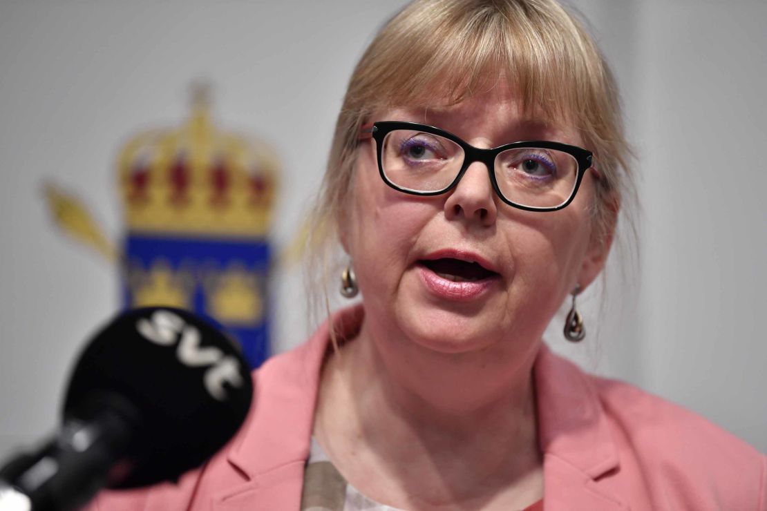 Eva-Marie Persson speaks at a press conference in Stockholm on Monday.