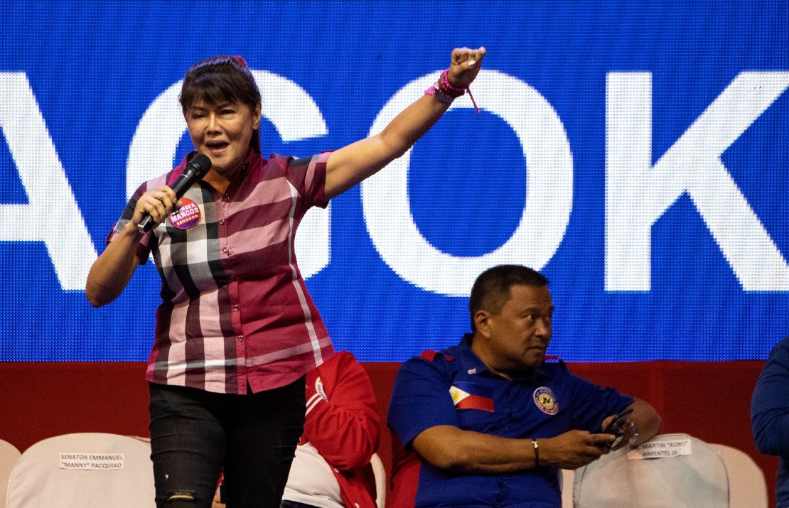Senatorial candidate Imee Marcos   gestures during the Partido Demokratiko Pilipino-Lakas Bayan (PDP-LABAN) in Manila on May 11, 2019 ahead of the midterm elections.