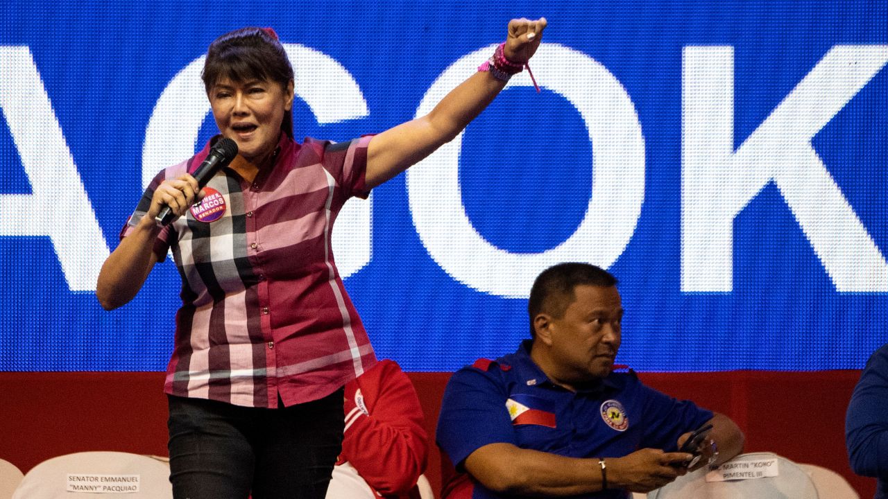 Senatorial candidate Imee Marcos   gestures during the Partido Demokratiko Pilipino-Lakas Bayan (PDP-LABAN) in Manila on May 11, 2019 ahead of the midterm elections.