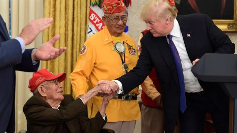 President Donald Trump met with Navajo Code Talker Fleming Begaye Sr., seated, in the White House in Washington, DC on Nov. 27, 2017.
