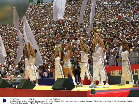 At a packed stadium, Jennifer Lopez performs during the ceremony before the Rose Bowl final between the U.S and China.  