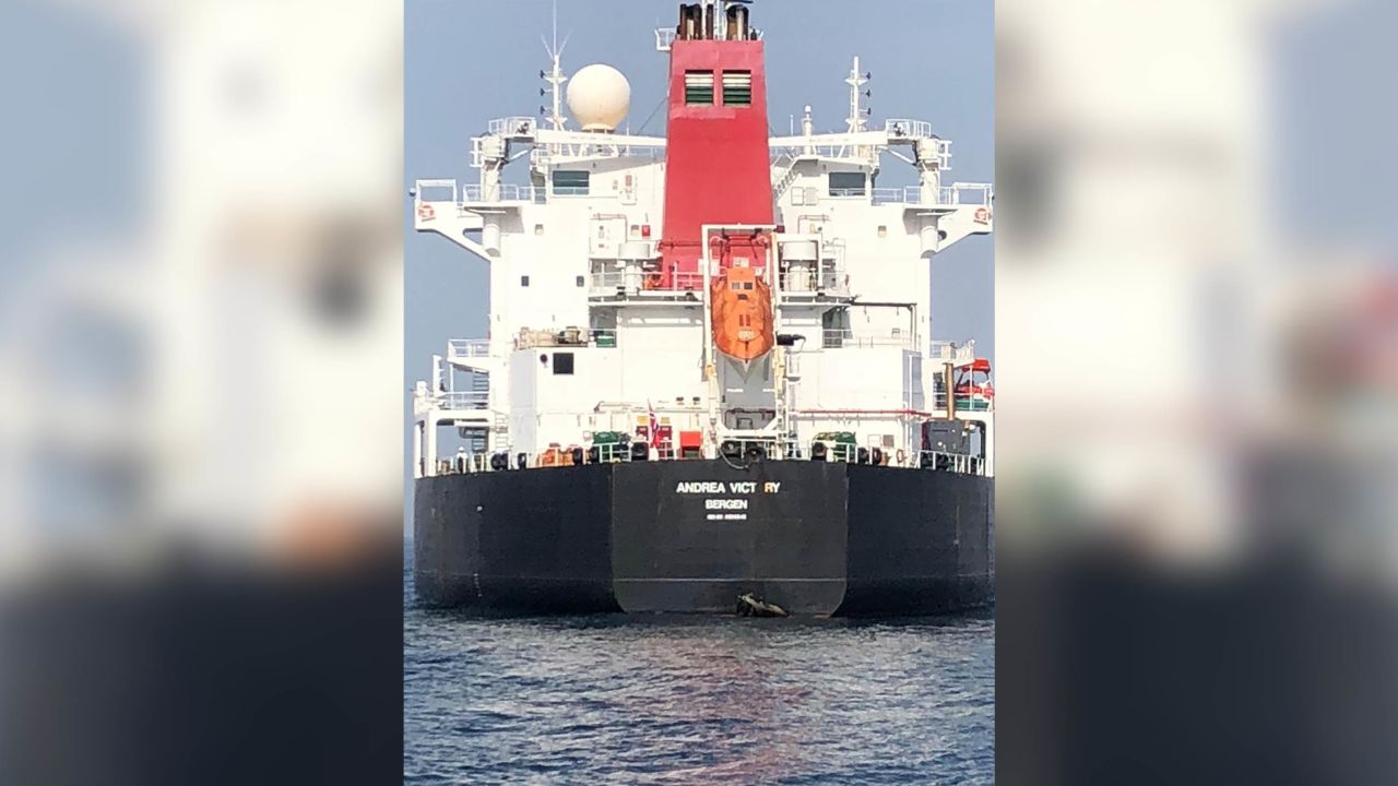 Damage sustained to the hull of Norwegian tanker Andrea Victory is seen following the attack in May.
