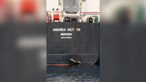 Images show damage sustained to the hull of Norwegian tanker Andrea Victory.