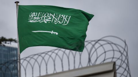A Saudi Arabia flag flies on the top of the country's consulate building in Istanbul. 