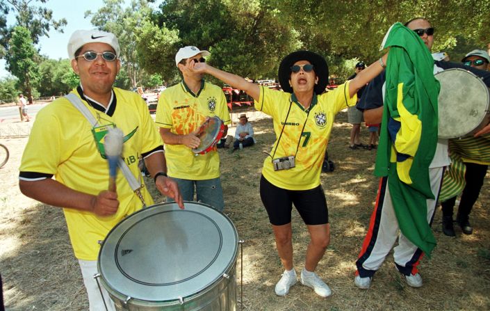 After a thrilling win, Brazilian fans danced and played the drums prior to the semi-final match against USA on July 4 at Stanford Stadium.