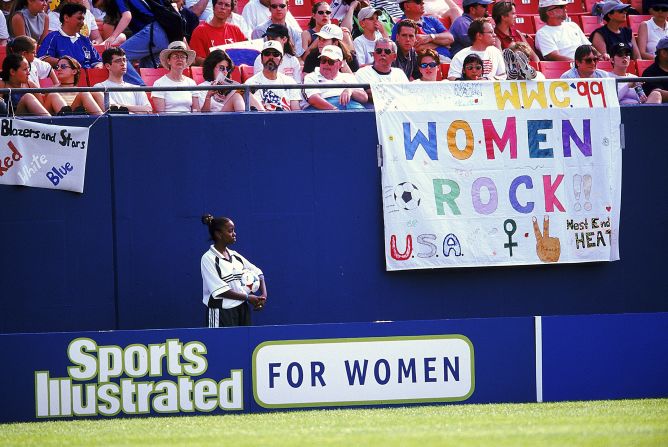All 32 games were broadcast live on national television in the States and over 660,000 spectators watched the games in packed stadiums. In this picture, fans show their support for the U.S. as the team thrashes Denmark 3-0 at the Giants Stadium. 