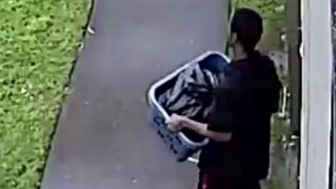 Surveillance footage showed suspect Derion Vence carrying out a laundry basket with bleach and a trash bag. 